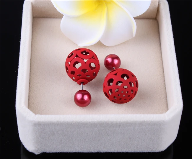 Серьги пусеты 2016 разноцветные большой полый металлический шарик двусторонние