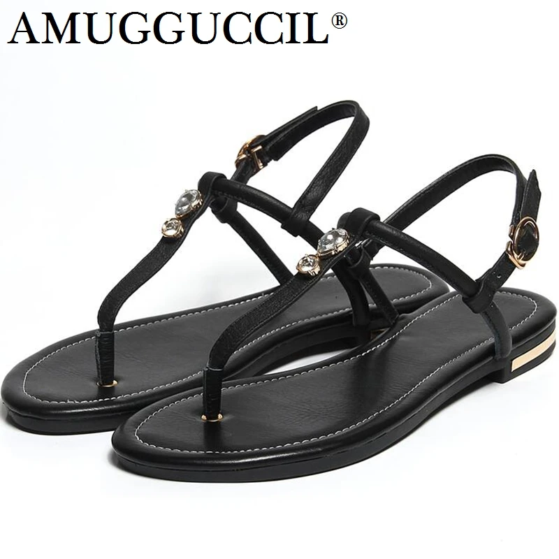 

2021 New Real Leather Plus Big Size 31-46 Black White Gold Buckle Fashion Girl Ladies Summer Women Flats T-Strap Sandals L958