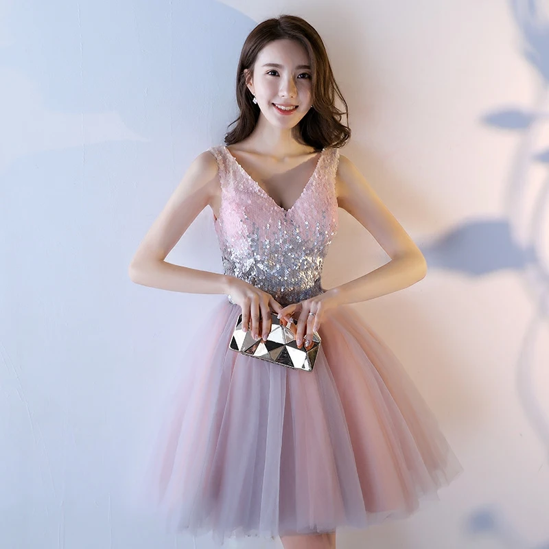 Блестящее женское платье с V образным вырезом без рукавов до колена|prom dresses 2017|prom