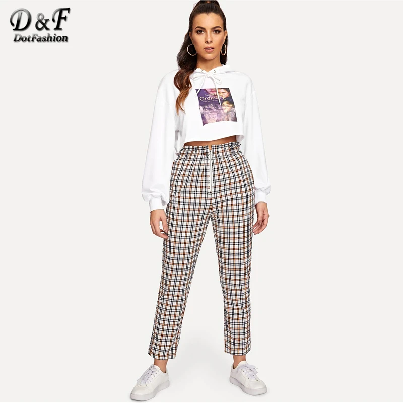 Dotfashion открытые клетчатые женские брюки на молнии, осенняя повседневная одежда, модные прямые брюки с бахромой и высокой талией