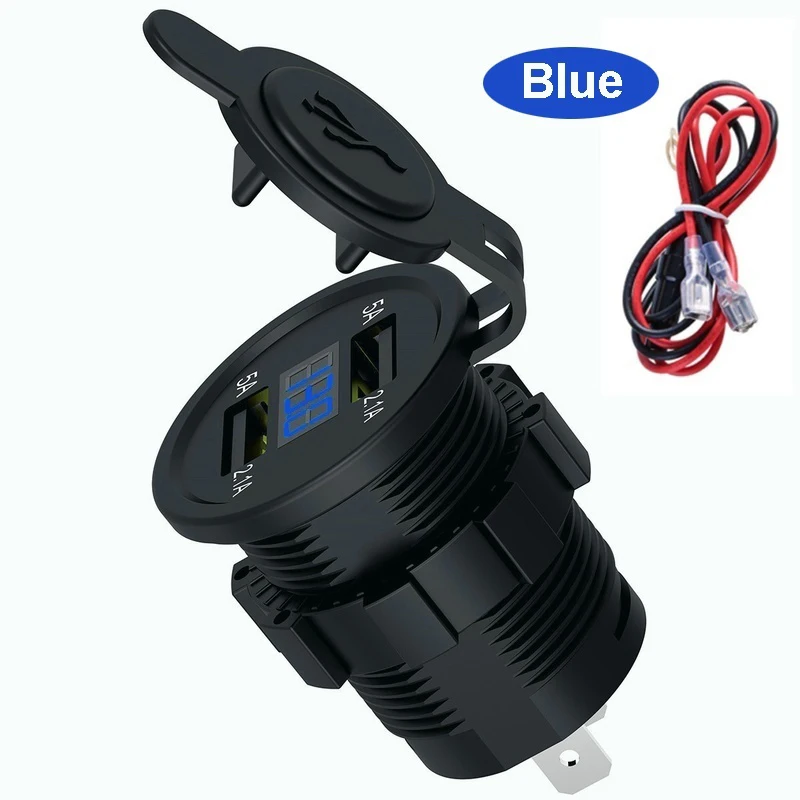 Синий Автомобильное зарядное устройство с двумя портами USB, розетка для Ipad Iphone, автомобильные мобильные телефоны для лодки, светодиодный измеритель напряжения для автомобиля, мотоцикла, 12 В/24 В - Название цвета: Синий