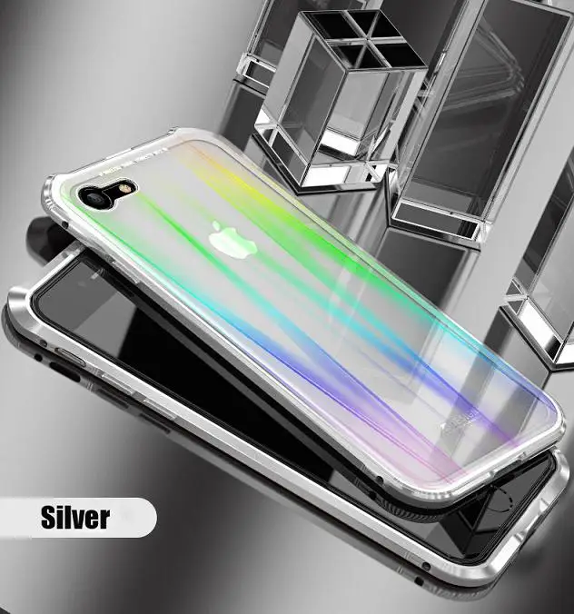 silver Магнитный Роскошный Стеклянный чехол Aurora для iPhone 8 iPhone X прозрачный Магнитный чехол для iPhone 7 8 Plus X 10 металлический бампер coque - Цвет: silver