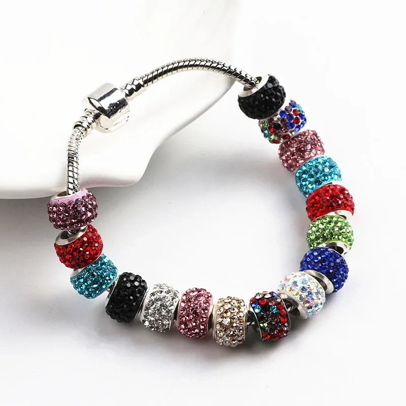 

11mm Mix color Silver Plated Big Hole Charms Beads With Rhinestone Fits For European Jewelry Bracelet Diy Jewelry Gift 50pcs