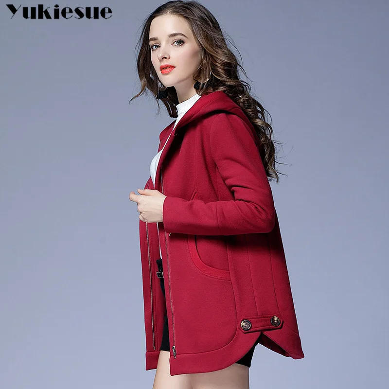 Осенняя Женская Повседневная Длинная куртка на молнии с капюшоном толстовки