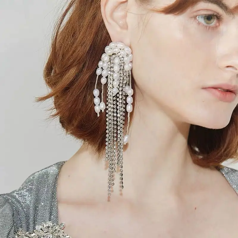 

Rongho Hiphop Crystal Handmade Tassel statement earrings for women brincos Pearl earring vintage ear clip femme jewelry