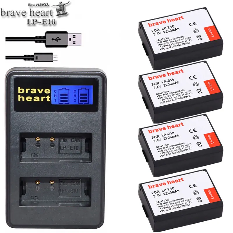 charger and 4battery Для Canon 4 шт. LP-E10 батареи для камеры+ ЖК USB двойное зарядное устройство Замена LP E10 LPE10 EOS 1100D 1200D 4000D Kiss X50 X70 - Цвет: charger and 4battery