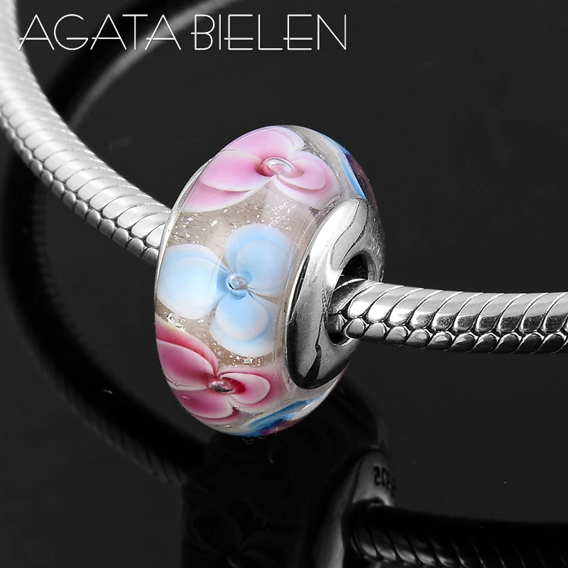 Стерлинговое Серебро 925 пробы цветные розовые и синие цветы круглые бусины