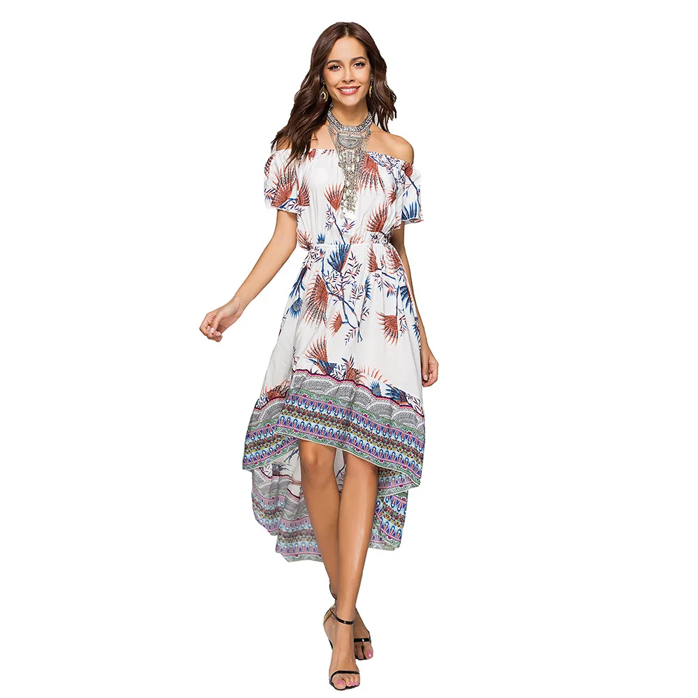 

Vestidos Verano Women Summer Dress Sexy Slash Neck Short Sleeve Asymmetrical Printed Flower Casual Maxi Beach Dress