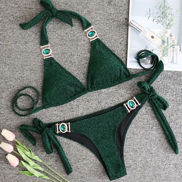 B093Shiny-Green Стразы, бикини,, блестящий Купальник для женщин, бикини с кристаллами, набор бикини с металлической цепочкой, купальник для женщин, бандо, купальник - Цвет: B093Shiny-Green