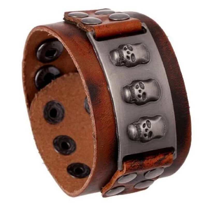 Для мужчин череп браслет 2017 в стиле панк рок Стиль широкий коричневая обертка
