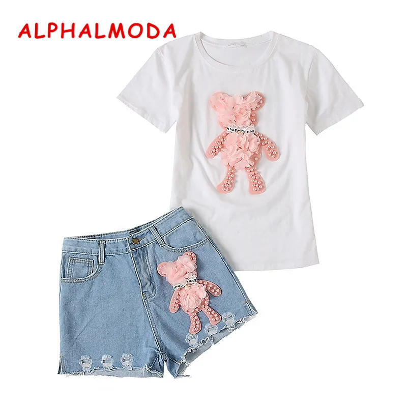 Женский Повседневный комплект ALPHALMODA футболка с аппликацией медведя + джинсовые
