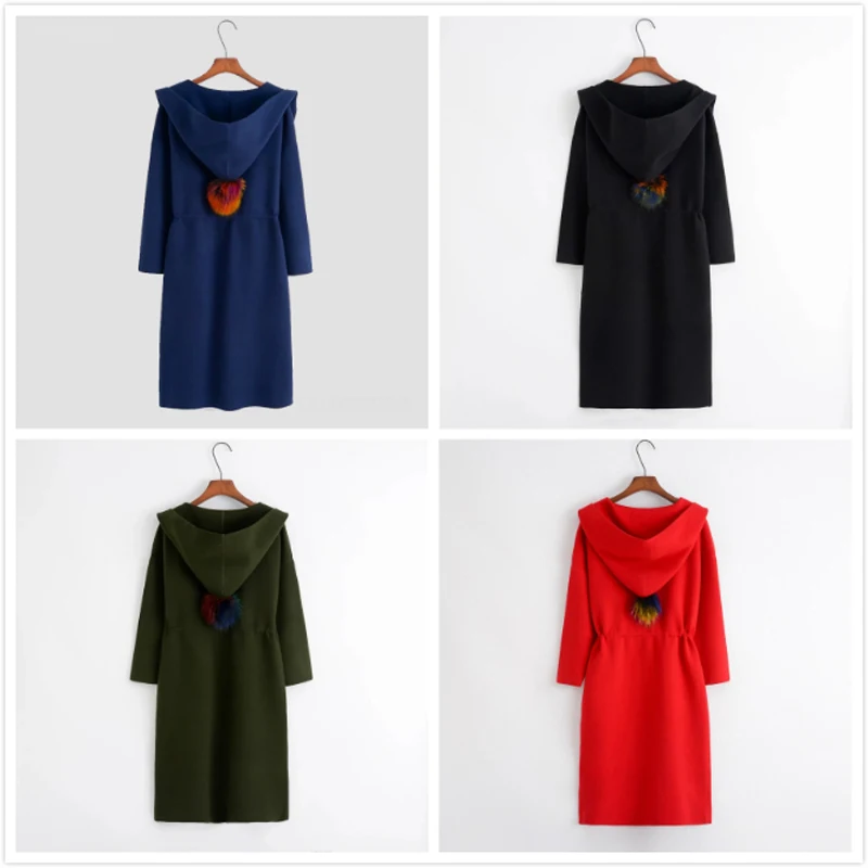 Женский длинный кардиган Однотонный свитер с капюшоном и длинным рукавом