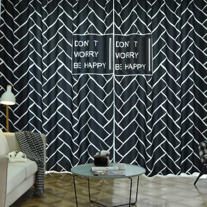 2PCS Black Black RZCortinas занавес s для гостиной, спальни, европейский занавес, лист, геометрический принт, белый, черный, драпировка, обработка окон, жалюзи - Цвет: 2PCS Black Black