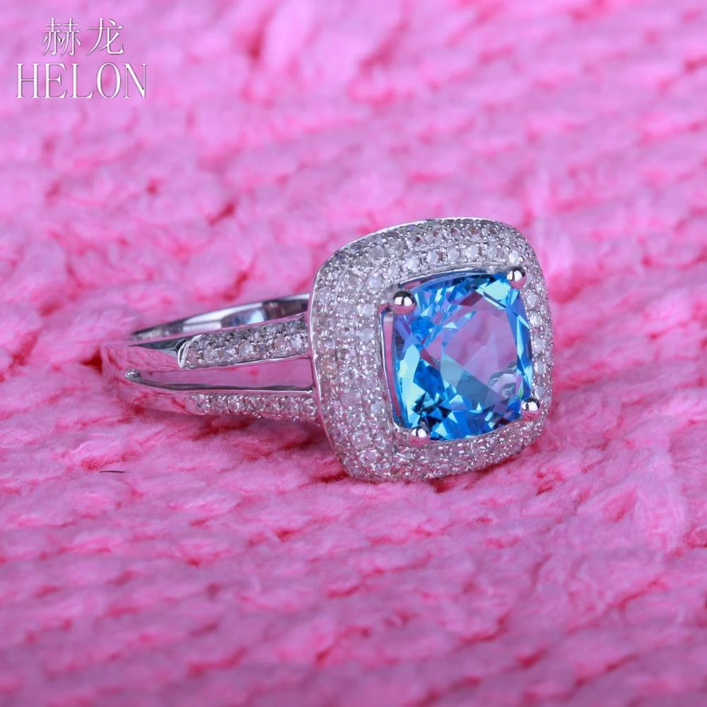 HELON Real 14K(AU585) белое золото сертифицированная Подушка 2.9ct Природный Голубой топаз Алмазы обручальные свадебные кольца вечерние ювелирные изделия