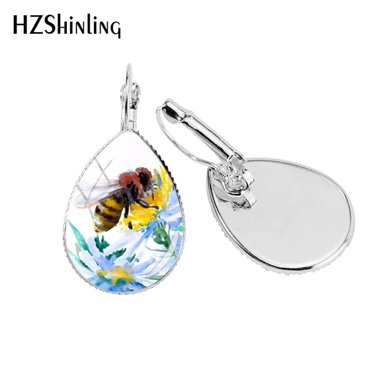 2019 New Bumble Bee Tear Drop Earring Honey Bees Photo Ear Clips Art Glass Dome Handmade Earrings Jewelry | Украшения и