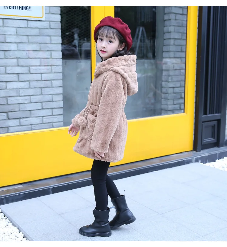 Зимнее длинное шерстяное пальто из искусственного меха для девочек 3-12 лет