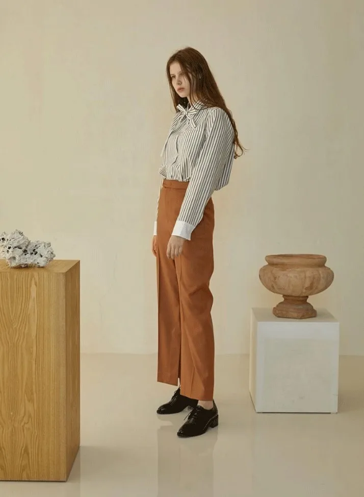 HDY Haoduoyi Femme осенние Простые Модные Стильные повседневные штаны элегантные OL с высокой талией широкие ноги выделяют тонкие коричневые брюки
