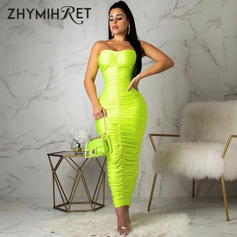 ZHYMIHRET неоновый зеленый трубки платье с рюшами и Для женщин Элегантное Длинное 2020