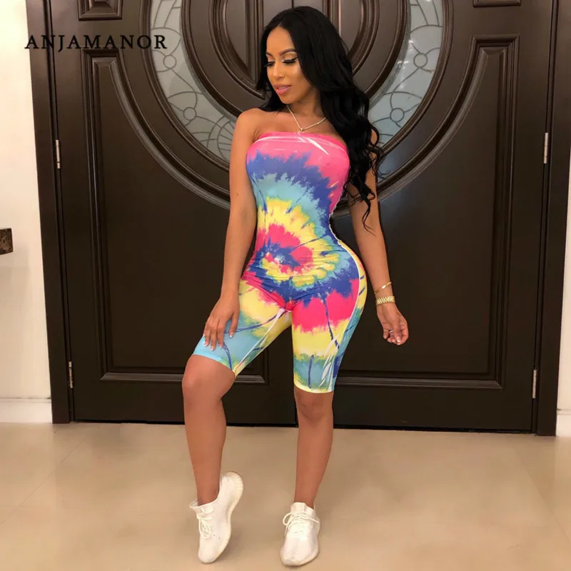 ANJAMANOR Tie Dye байкерское боди со спущенными плечами сексуальный комбинезон женский