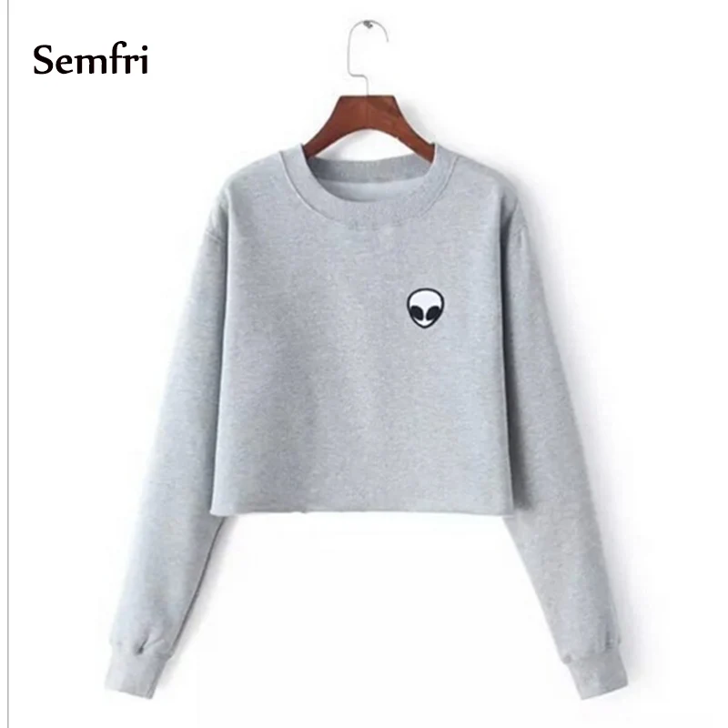Semfri Women Fleece Aliens Printing Hoodies Sweatshirts Harajuku Crew Neck Sweats Clothing Feminina Loose Short Warm | Женская одежда