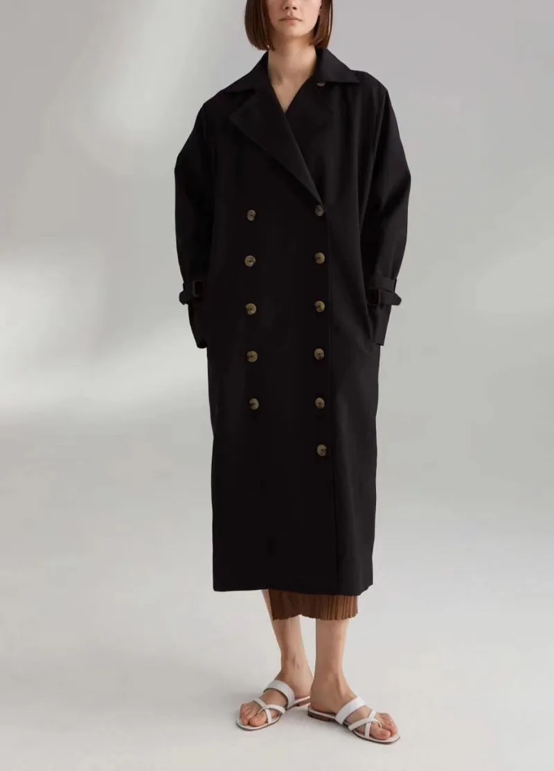 Fashion Woman Pisa Trench COAT BLACK/khaki Double Breasted cotton blend Drop Shoulder belted cuffs Oversized Long coats | Женская одежда