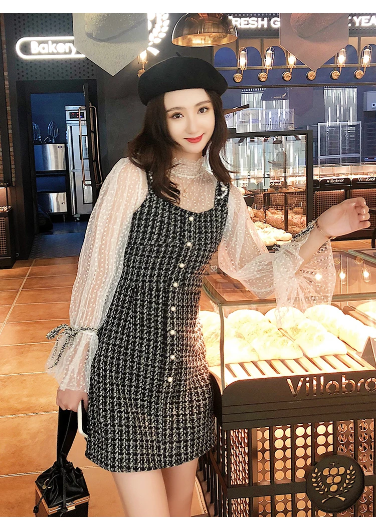 Two Pieces Set Mesh Tops Spaghetti Strap Dress Sexy Lantern Sleeve Mini Vest Dresses Ladies Fashion Elegant Party Dress New