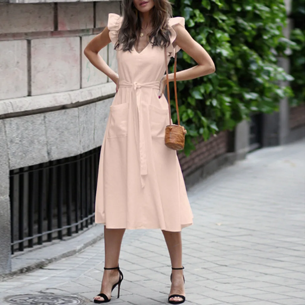 Платье женское летнее модное без рукавов с треугольным вырезом гофрированное