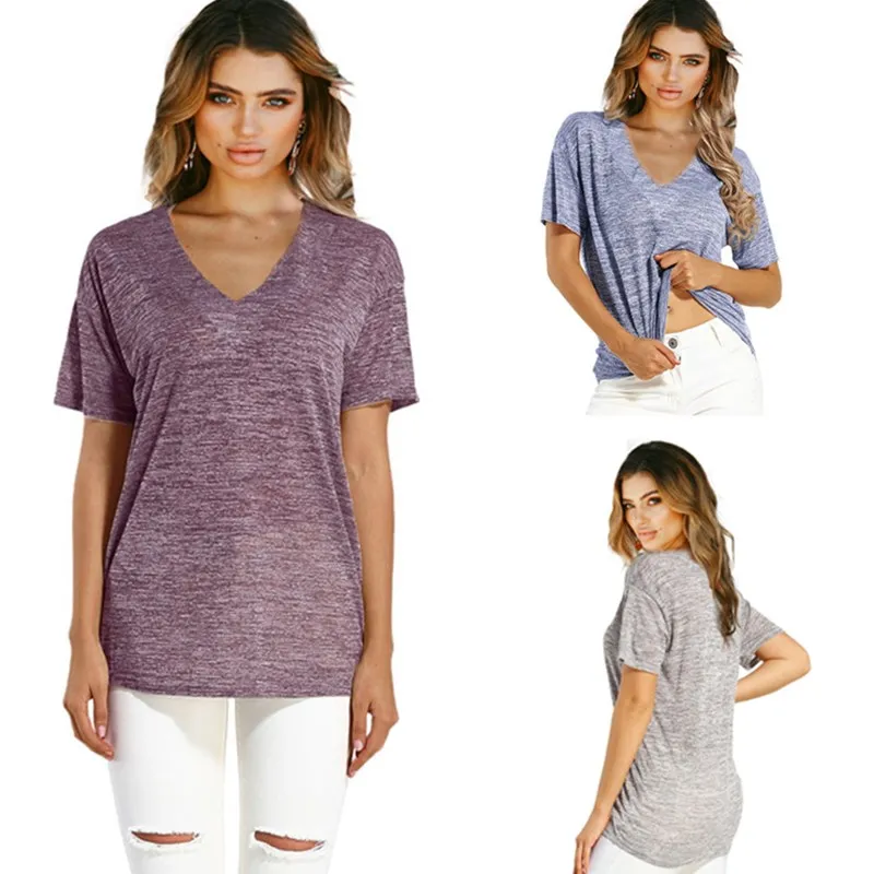 New Fashion V-neck T Shirt Women Sports Basic Female TShirt Summer Solid Sexy Cotton Loose Thin Tops C260 | Женская одежда