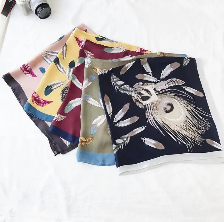 

Yishine 70*70 CM New Fashion Elegant Feather Prints Women Shawl Satin Small Squares Head Bag Decorative Scarves Silk Scarf
