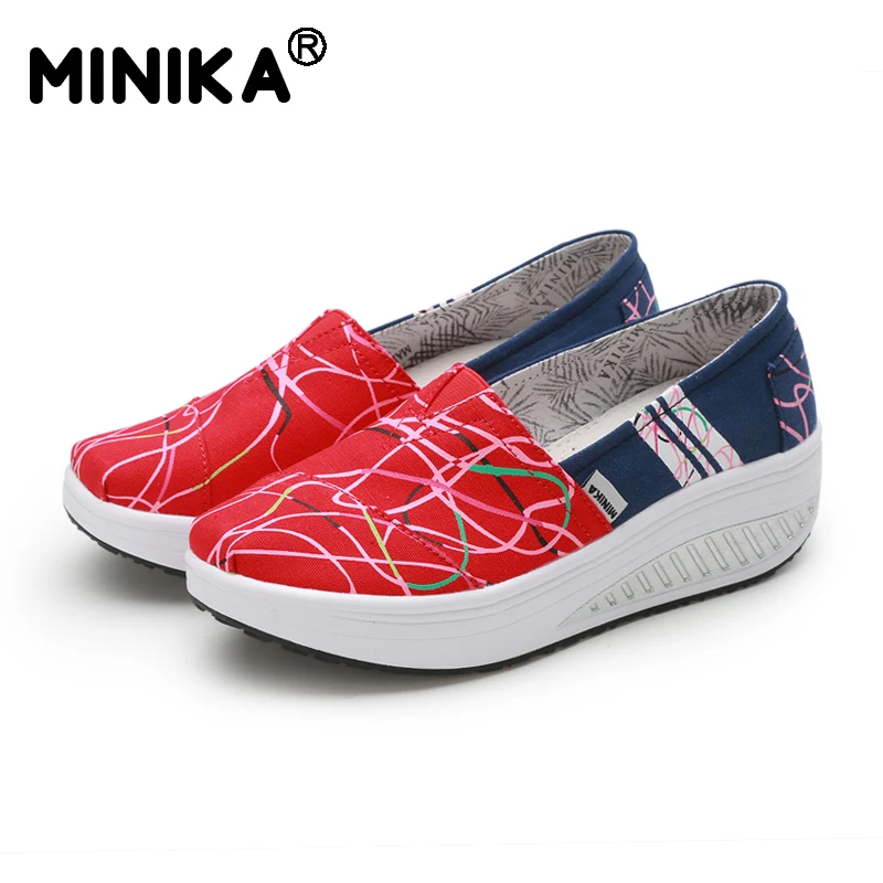 Minika/Новинка; Летняя женская обувь; парусиновая обувь без шнуровки; обувь на платформе с полукруглой танкеткой; Тонизирующая обувь для фитнеса; кроссовки для прогулок