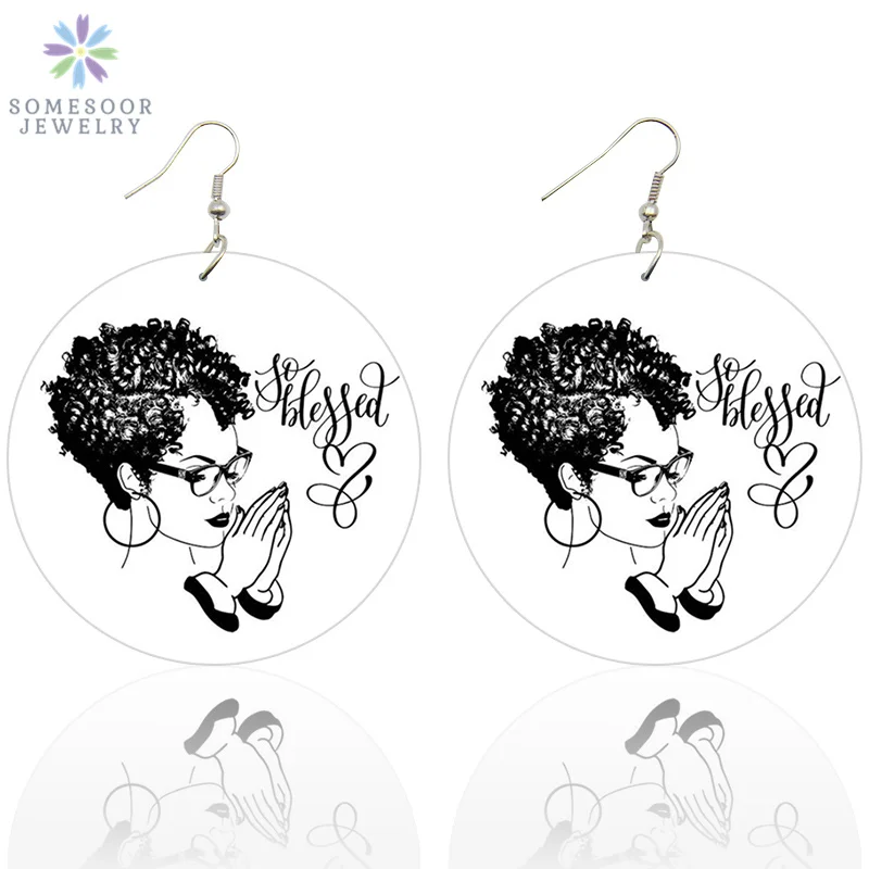 

SOMESOOR AFRO Curly Lady Wooden Drop Earrings With LOCS And Hoops Africa Natural Hair Both Sides Painted Jewelry For Women Gifts