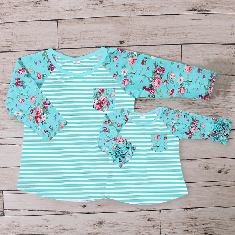 2017 Облегающая рубашка Raglans Цветочная с оборками для мамы и меня детей взрослых