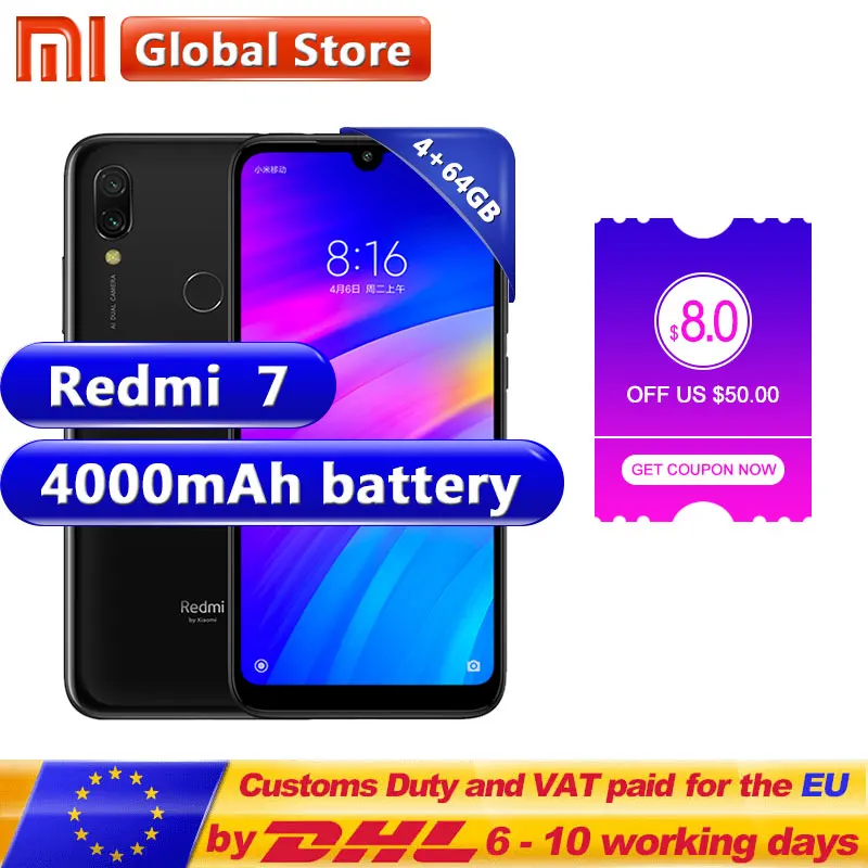 Xiaomi Redmi 7 4 Гб 64 Redmi7 Смартфон Snapdragon 632 Восьмиядерный мобильный телефон 12MP камера 4000