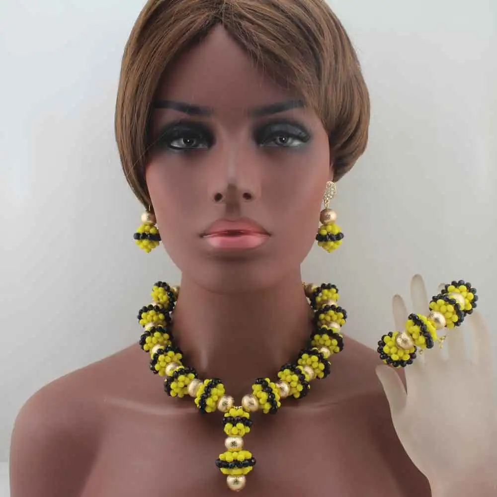 Новый желтый/черный комплект ювелирных изделий с африканскими бусинами для вечерние с кристаллами кулон ожерелье серьги браслет подарок н...