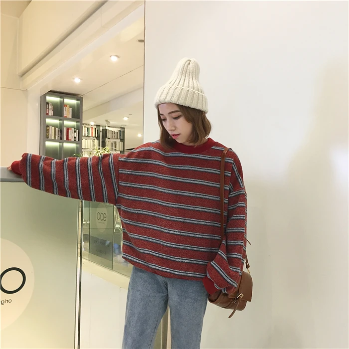 Южная Корея ulzzang Harajuku ветер свободные bf хит цвет в полоску утолщенной шерстяной