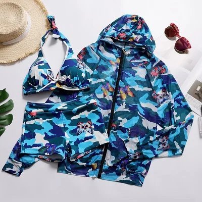 Blue Bikini 3 Pcs Парные купальники, Женский комплект бикини с длинными рукавами, куртка, мужские пляжные плавки, купальный костюм с принтом для влюбленных, пляжная одежда, купальные костюмы - Цвет: Blue Bikini 3 Pcs