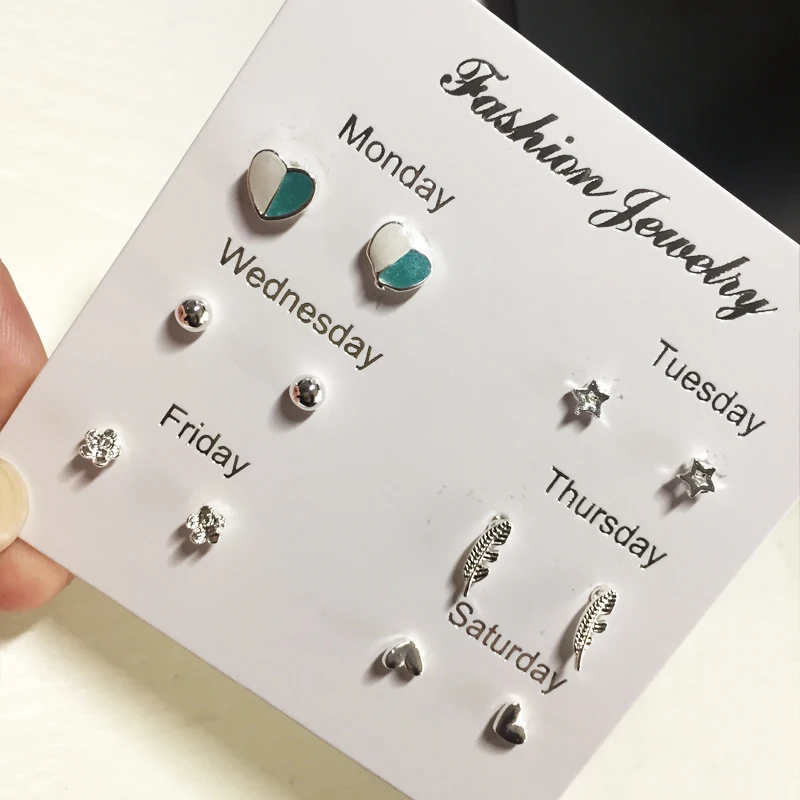 6 пар Простое Элегантное маленькое сердечко серебряного цвета пирсинг Комплект