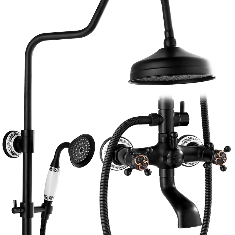 

Bathroom Black Oil Paint Solid Brass Bathtub Shower Set Wall Mounted 8" Rainfall Shower Mixer Tap Faucet 3-functions Mixer Valve