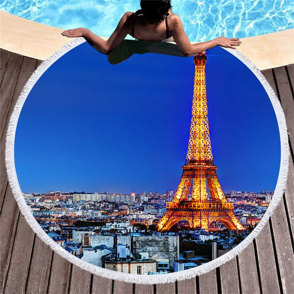 Building Series Printed Round Beach Towel Tower Night View Beautiful Home Decor Tapestry Swimming Microfiber |