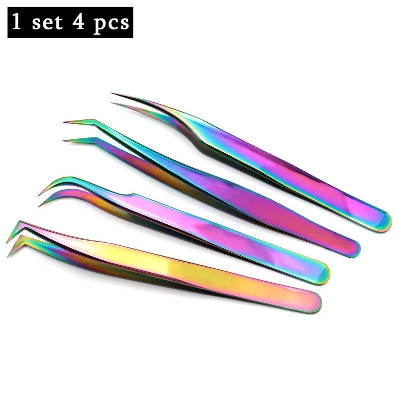 4pcs Rainbow Профессиональные пинцеты для ресниц, щипцы для наращивания ресниц из нержавеющей стали, высокоточные пинцеты для наращивания ресниц, набор - Цвет: 4pcs Rainbow
