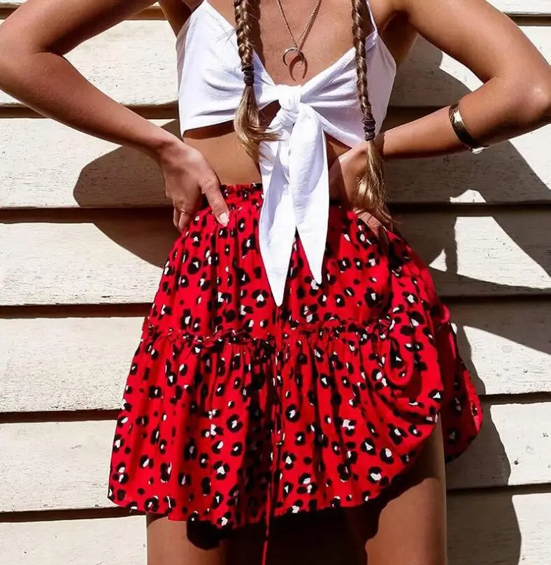 Красочные Леопардовый оборками короткая черная юбка на шнуровке Для женщин юбки