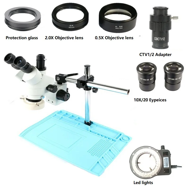 Adjustable Arm support 7-45X industrial Trinocular stereo microscope 0.5X 2.0X CTV1/2 Objective lens barlow Electronics repair