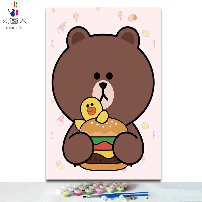 DIY картинки для раскраски по номерам с коричневыми картина c медведем рисунок