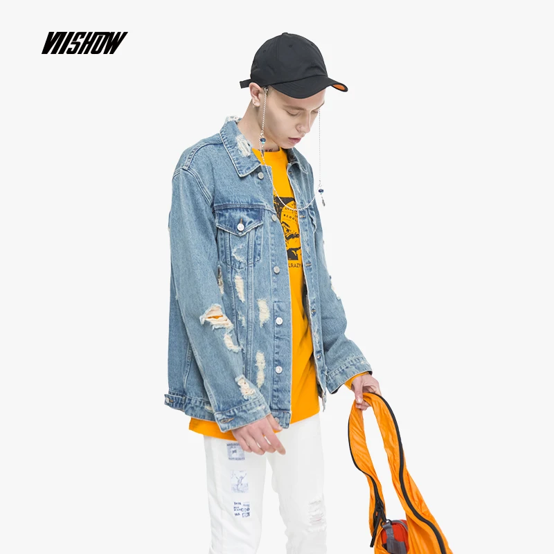 VIISHOW Hole мужские куртки Брендовые джинсовые Уличная Veste Homme 2018 с принтом Мужские