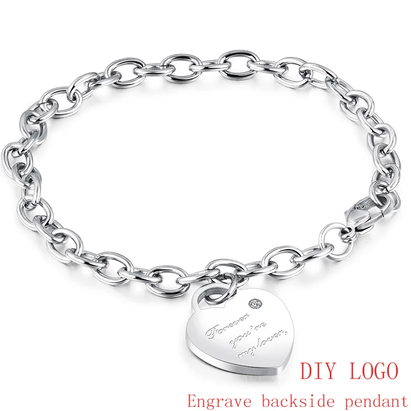 DIY LOGO silver AZIZ BEKKAOUI, розовое золото, персонализированное имя, кристалл, сердце, кулон, браслеты из нержавеющей стали, браслеты для женщин, романтический подарок - Окраска металла: DIY LOGO silver