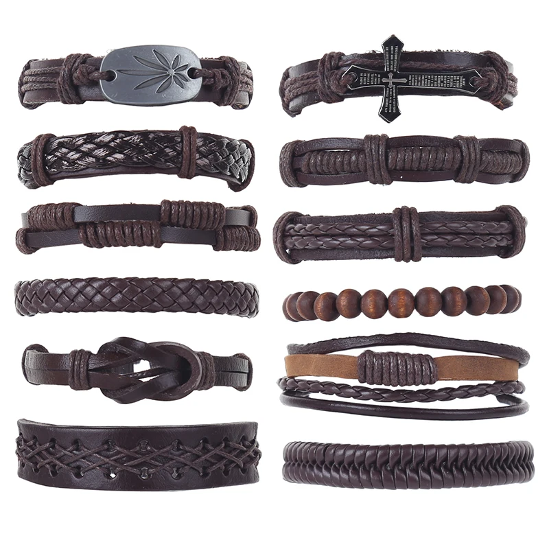 6pcs/set punk hippie dark brown Leather cord braiding knots maple tree leaf tag cross charm Layer wrap Bracelets Bangles for man | Украшения