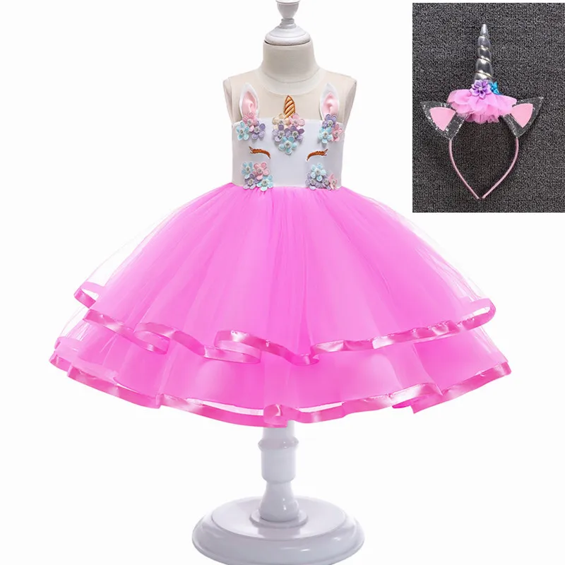 Pink with headdress Для маленьких девочек с цветочным узором для девочек с единорогом; платье-пачка принцессы; платье для дня рождения; модное платье для вечеринки Рождественская одежда костюм единорога - Цвет: Pink with headdress