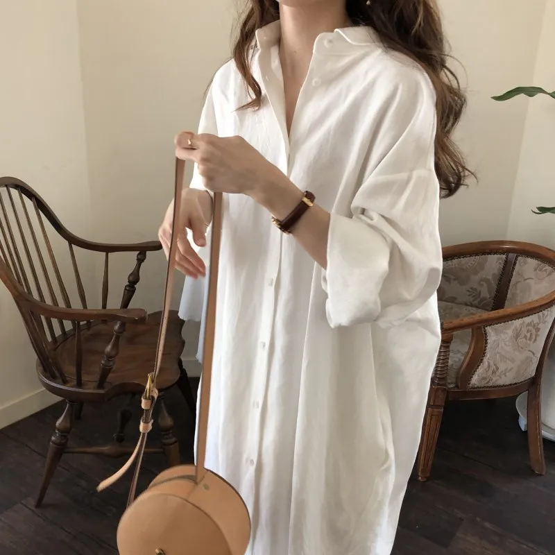 

women's summer loose cotton long shirt dress female turn down collar plus size long sleeve side split vestidos casual dresses