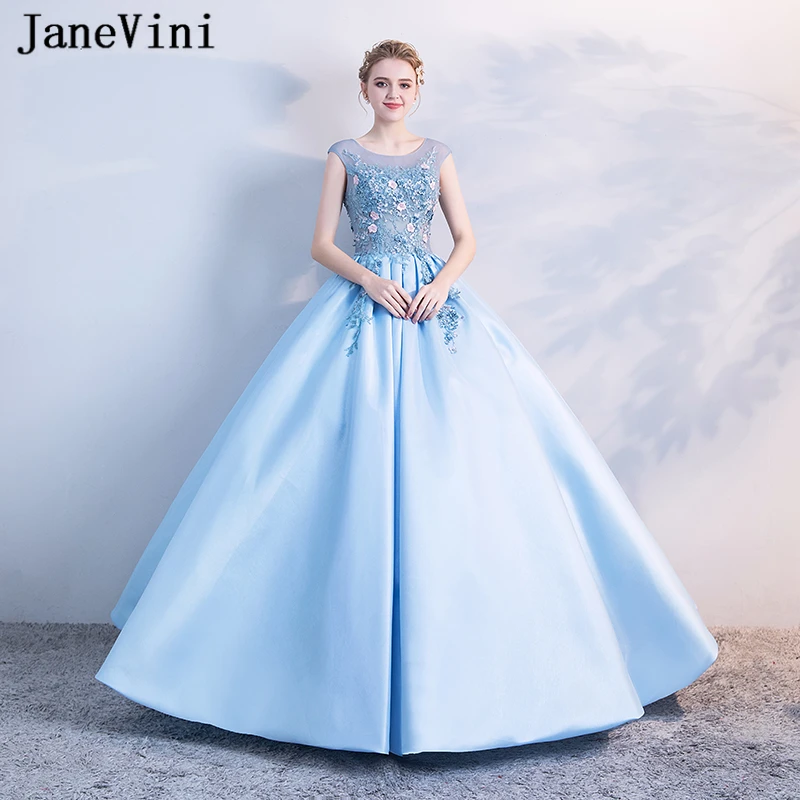 JaneVini Charming Sky Blue Puffy Quinceanera Dresses Plus Size Ball Gown 2019 Scoop Neck Satin Appliques Beaded Sweet 16 Dress | Свадьбы и