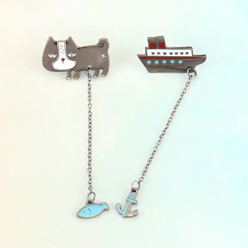 Милая мультяшная кошка котенок рыба парусная лодка металлическая брошь булавки